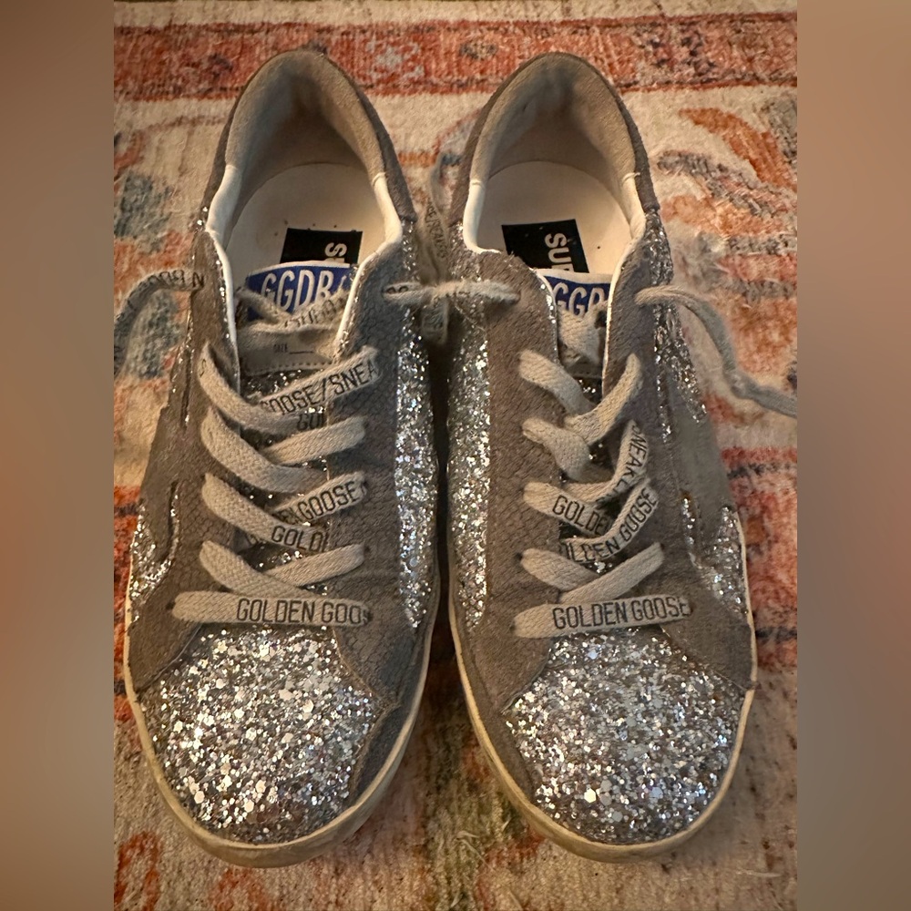 Golden Goose Super-Star sneakers in silver glitter and dark gray suede, size 36